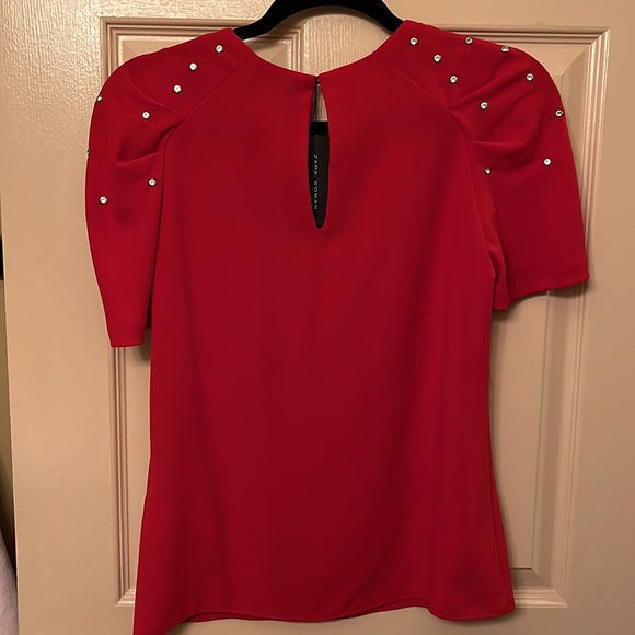 NWT. Zara Red Capped Sleeve Blouse with Rhinestones. Size Small. Key hole back. - Picture 5 of 6